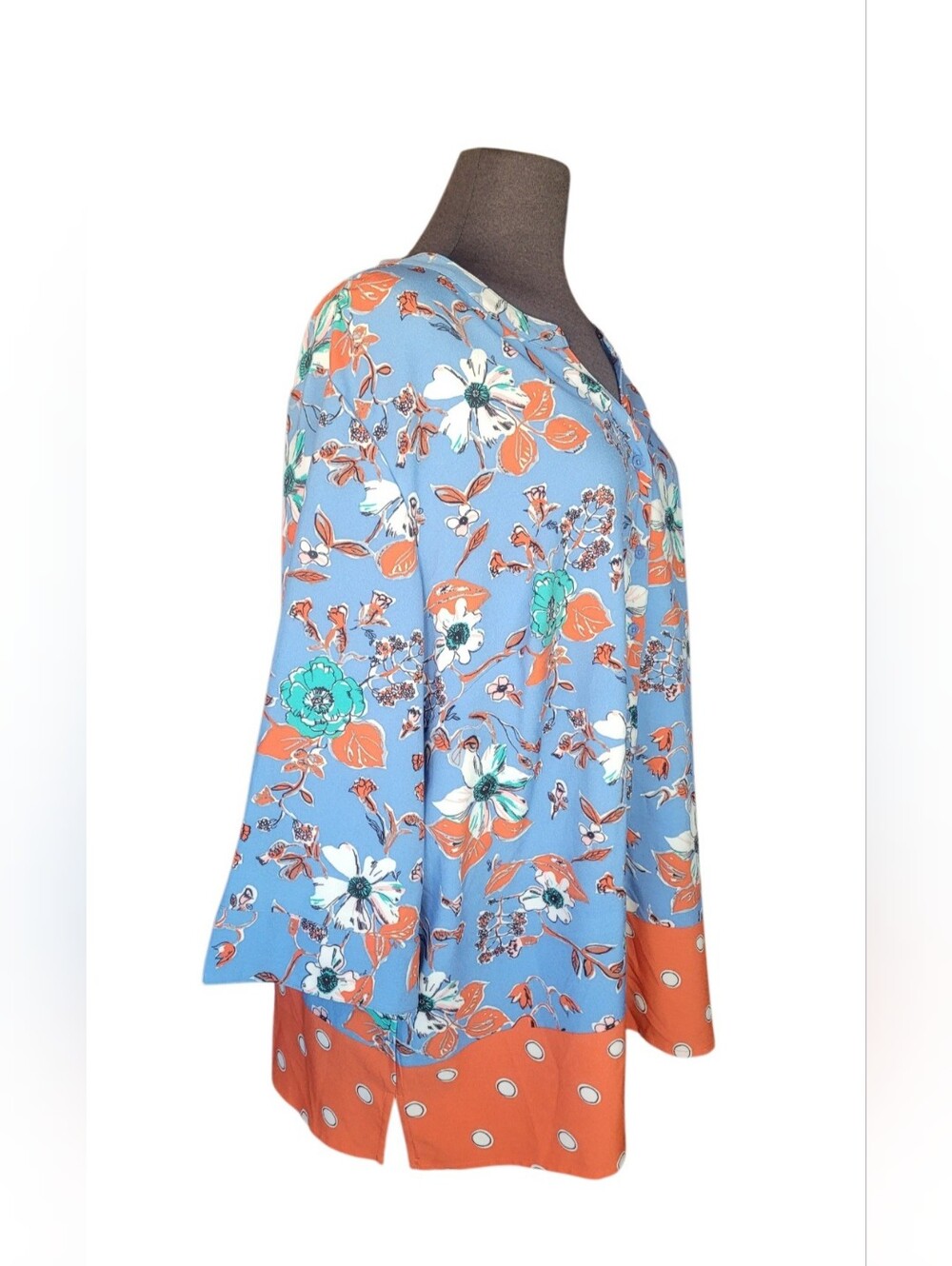 Denim&Co Blue Floral Button-Down with Orange Polka-Dot Hem - Picture 6 of 16